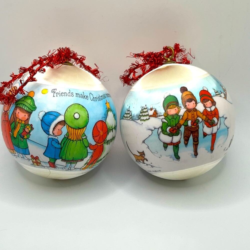 Vintage 1980 & 1982 Joan Walsh Anglund Hallmark silk ball Christmas ornaments